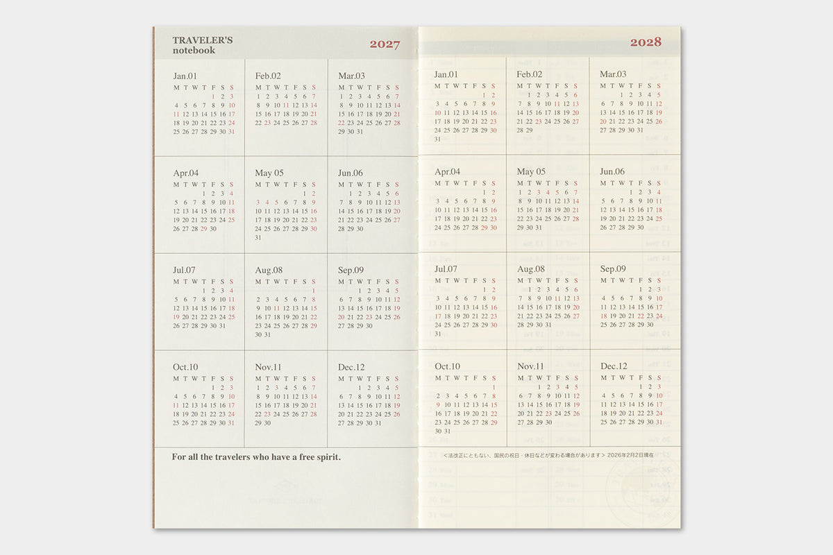 Travelers Notebook - 2027 Kalender, Weekly Vertical regular size