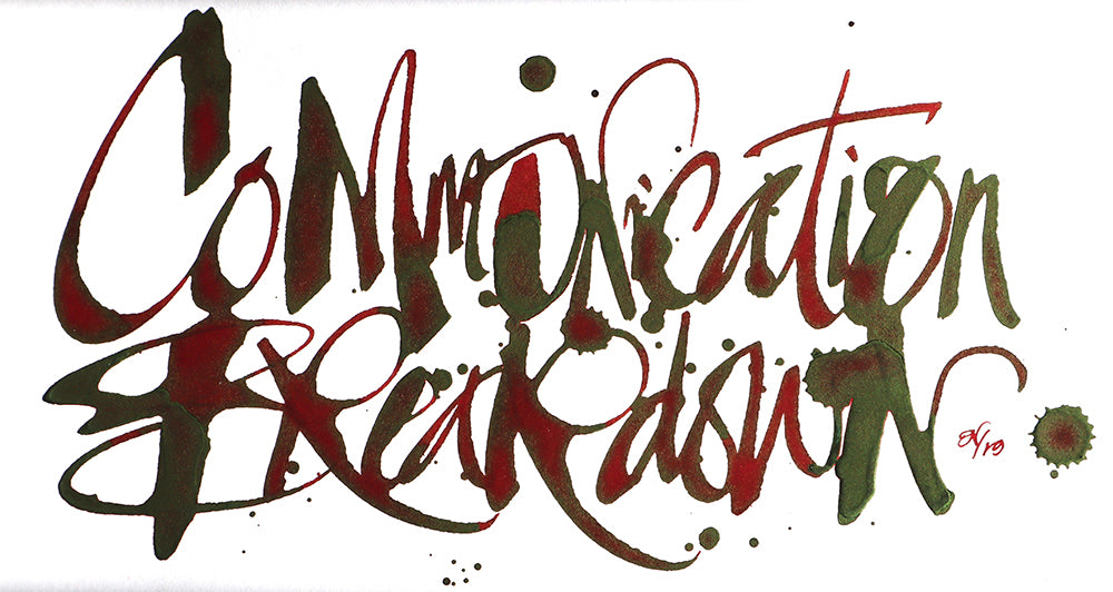 Aufwendig gestaltetes, künstlerisches Swatch by Nick Stewart der Farbe Communication Breakdown von Diamine.