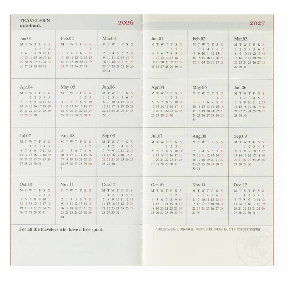 Travelers Notebook - 2026 Calendar, Monthly regular size