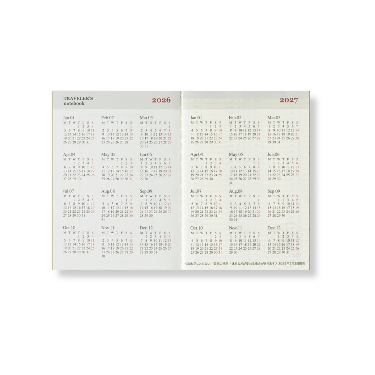Traveler's Notebook Company - Passport - 2026 Calendar Weekly