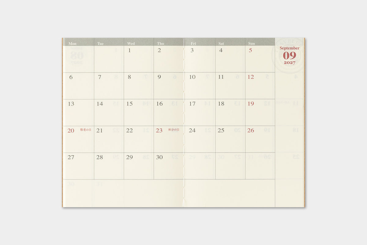 Travelers Notebook - 2027 Kalender, Monthly passport size