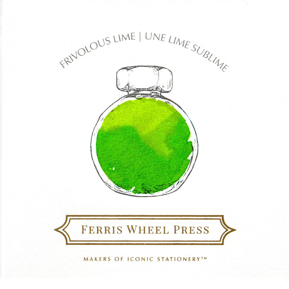 Ferris Wheel Frivolous Lime Swatch in einer gezeichneten Glasflasche. 