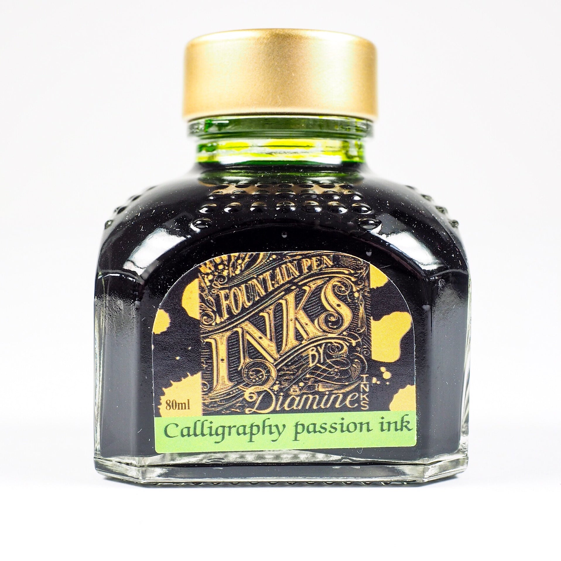 Calligraphy Passion Ink von Diamine in einer 80ml Glasflasche mit goldenem Deckel.