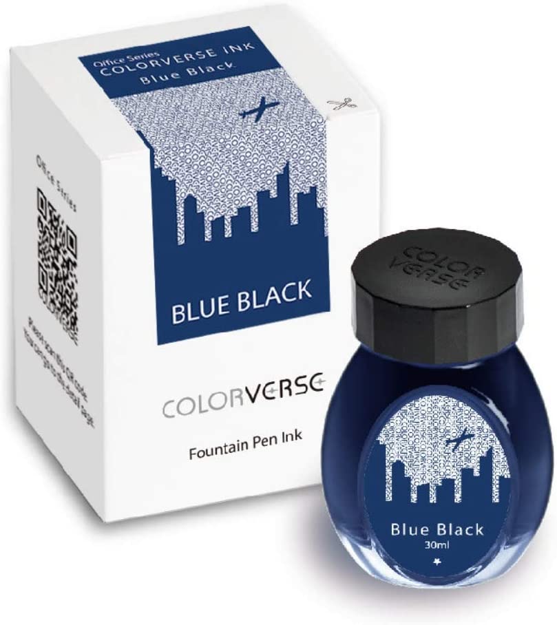Colorverse Blue Black in einem 30ml Tintenglas neben der dazugehörigen Verpackung