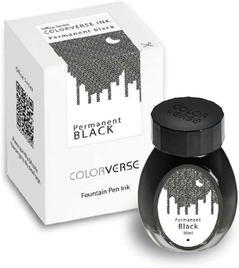 Colorverse Permanent Black in einem 30ml Tintenglas neben der dazugehörigen Verpackung.